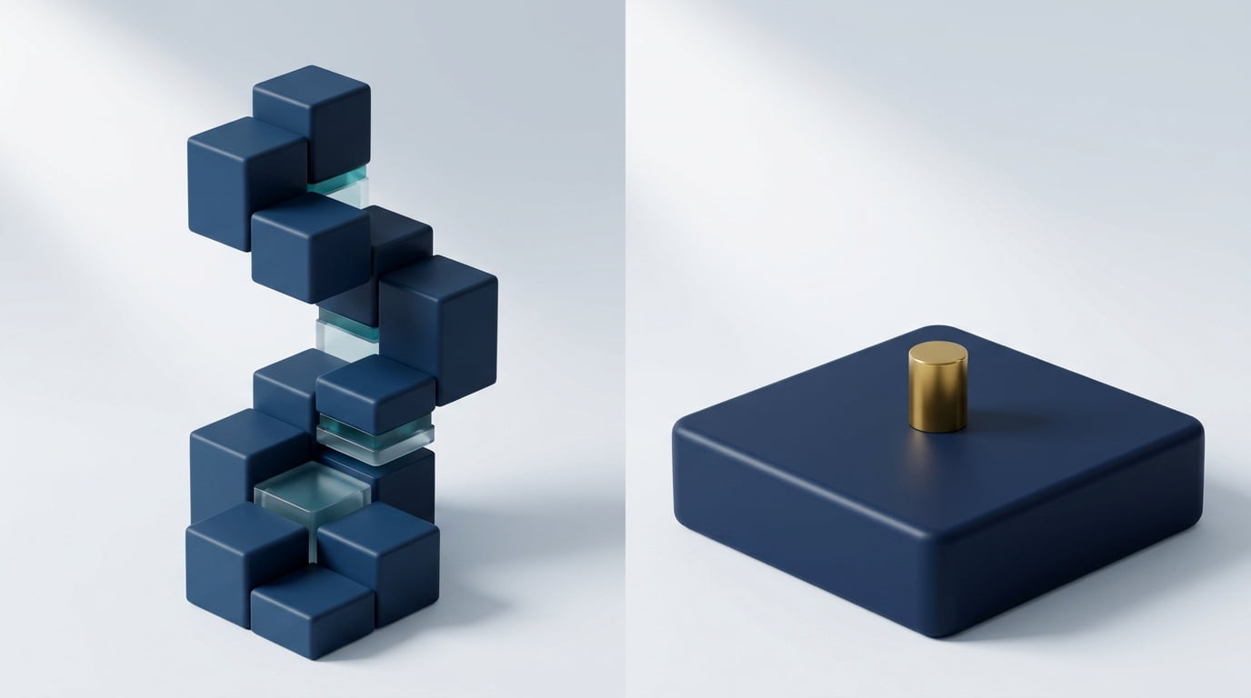 3D architectural render contrasting an escalating tiered column with a stable, flat navy platform.