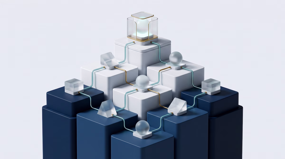 Abstract 3D architectural render representing the step-by-step CRM development and launch process.