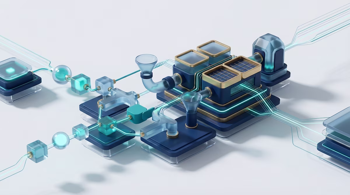 Abstract 3D modular platforms showing CRM requirements gathering stages for a UK custom CRM project